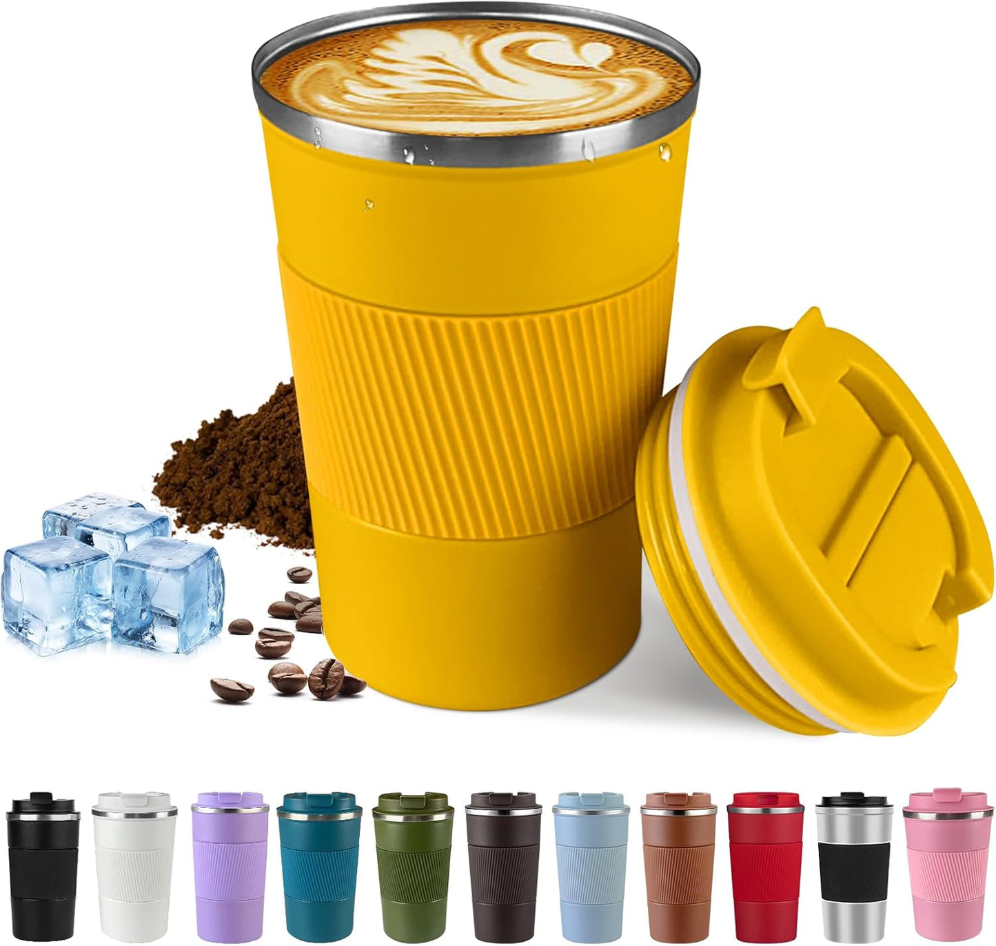 Vacuum Insulated Stainless Steel Travel Coffee Mug,Leak Proof Cup with Lid | 304 stainless steel mug with vacuum insulation, leak proof lid, silicone grip and car cup holder friendly design