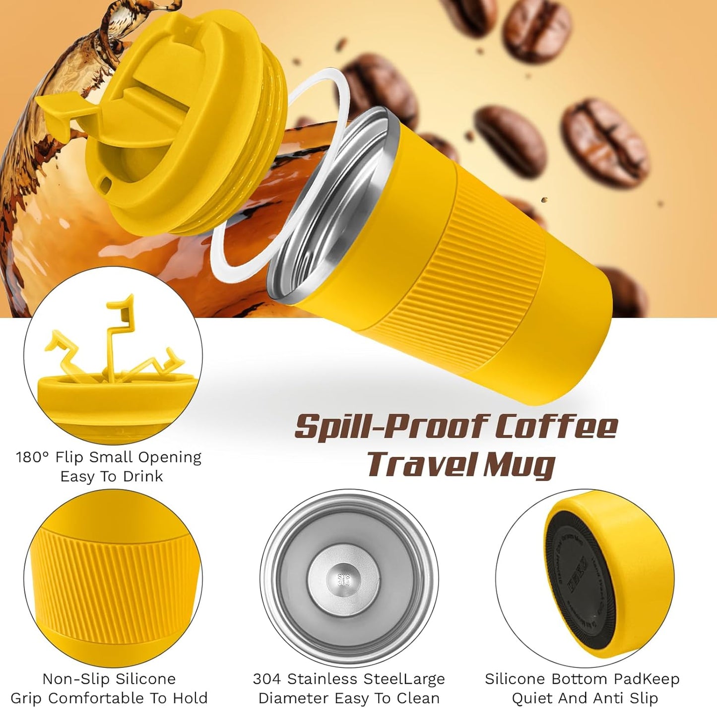 Vacuum Insulated Stainless Steel Travel Coffee Mug,Leak Proof Cup with Lid | 304 stainless steel mug with vacuum insulation, leak proof lid, silicone grip and car cup holder friendly design