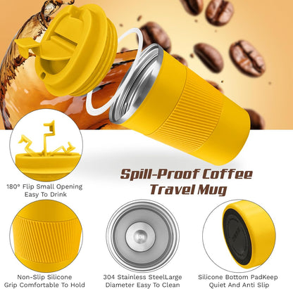 Vacuum Insulated Stainless Steel Travel Coffee Mug,Leak Proof Cup with Lid | 304 stainless steel mug with vacuum insulation, leak proof lid, silicone grip and car cup holder friendly design