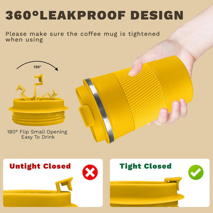 Vacuum Insulated Stainless Steel Travel Coffee Mug,Leak Proof Cup with Lid | 304 stainless steel mug with vacuum insulation, leak proof lid, silicone grip and car cup holder friendly design
