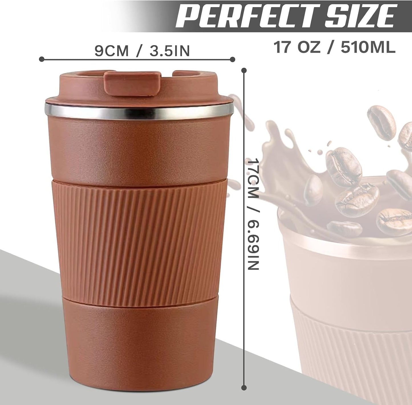 Vacuum Insulated Stainless Steel Travel Coffee Mug,Leak Proof Cup with Lid | 304 stainless steel mug with vacuum insulation, leak proof lid, silicone grip and car cup holder friendly design