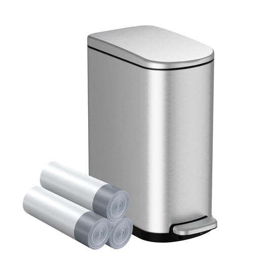 2.6 Gallon Slim Bathroom Trash Can with Soft Close Lid, 10L Stainless Steel Garbage Can with Removable Liner Bucket, for Narrow Spaces,Bathroom, Bedroom (Silver)