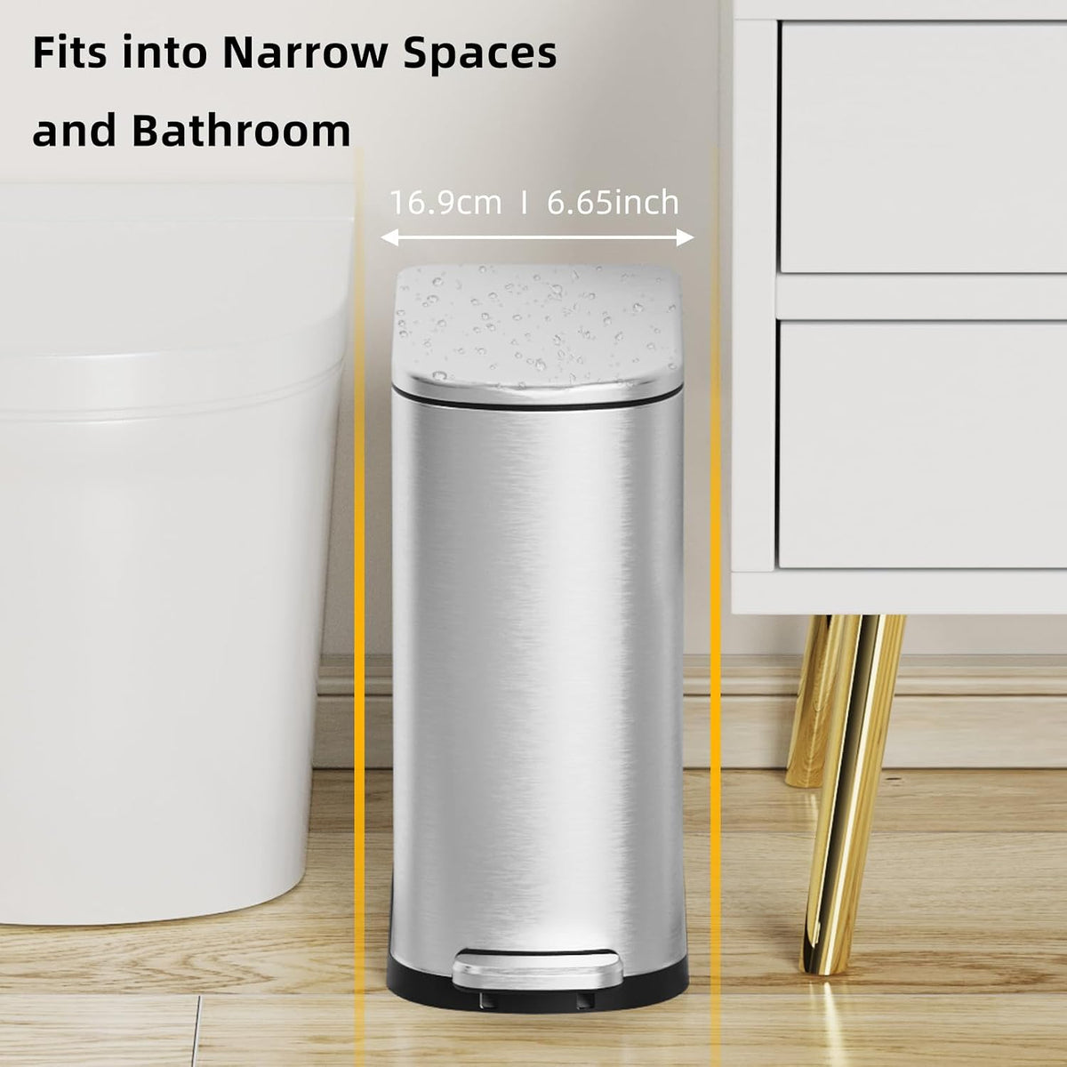2.6 Gallon Slim Bathroom Trash Can with Soft Close Lid, 10L Stainless Steel Garbage Can with Removable Liner Bucket, for Narrow Spaces,Bathroom, Bedroom (Silver)