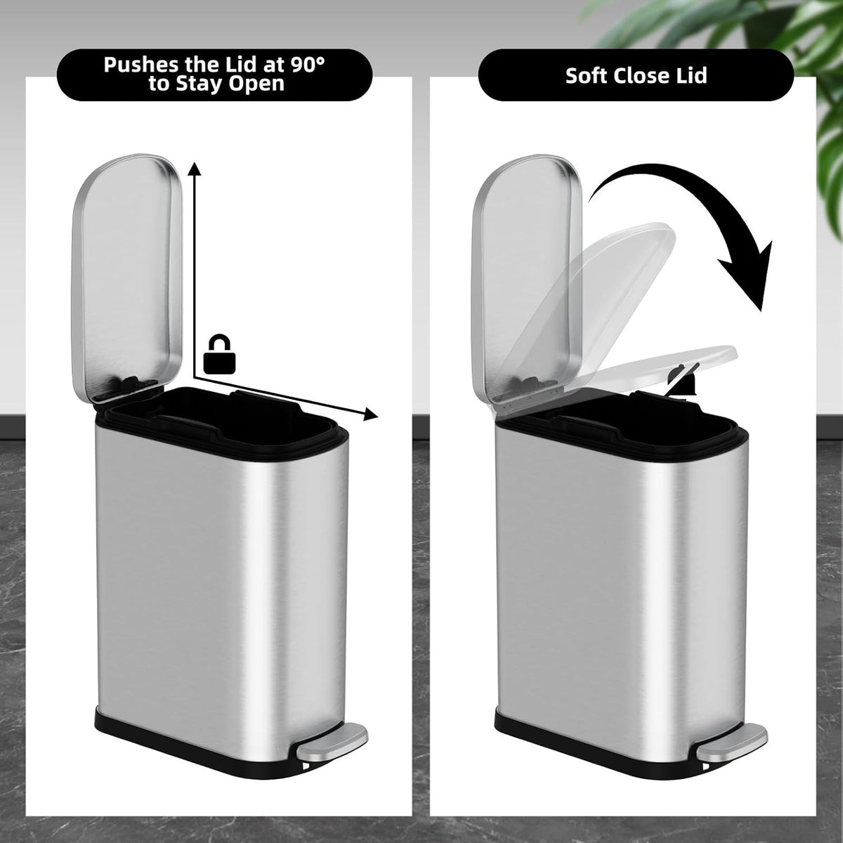 2.6 Gallon Slim Bathroom Trash Can with Soft Close Lid, 10L Stainless Steel Garbage Can with Removable Liner Bucket, for Narrow Spaces,Bathroom, Bedroom (Silver)