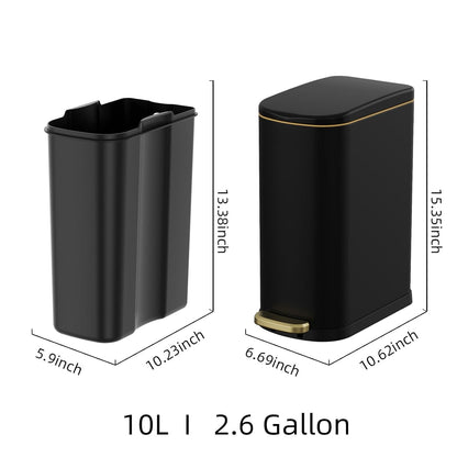 2.6 Gallon Slim Bathroom Trash Can with Soft Close Lid, 10L Stainless Steel Garbage Can with Removable Liner Bucket, for Narrow Spaces,Bathroom, Bedroom (Silver)