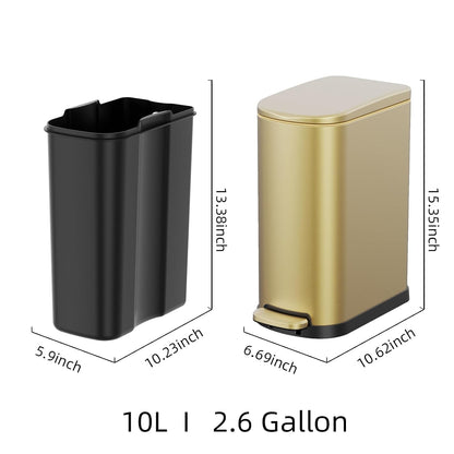 2.6 Gallon Slim Bathroom Trash Can with Soft Close Lid, 10L Stainless Steel Garbage Can with Removable Liner Bucket, for Narrow Spaces,Bathroom, Bedroom (Silver)
