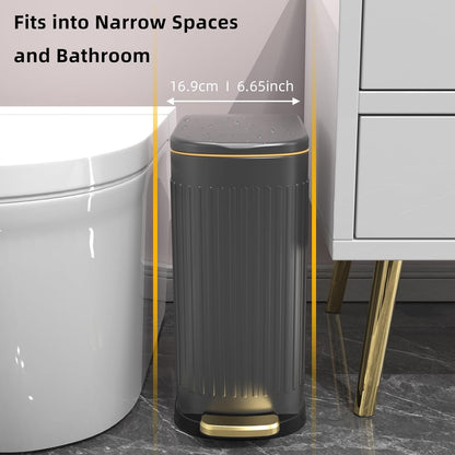 2.6 Gallon Slim Bathroom Trash Can with Soft Close Lid, 10L Stainless Steel Garbage Can with Removable Liner Bucket, for Narrow Spaces,Bathroom, Bedroom (Silver)