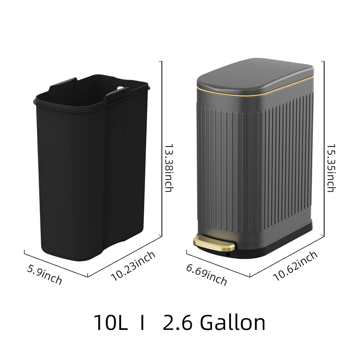 2.6 Gallon Slim Bathroom Trash Can with Soft Close Lid, 10L Stainless Steel Garbage Can with Removable Liner Bucket, for Narrow Spaces,Bathroom, Bedroom (Silver)