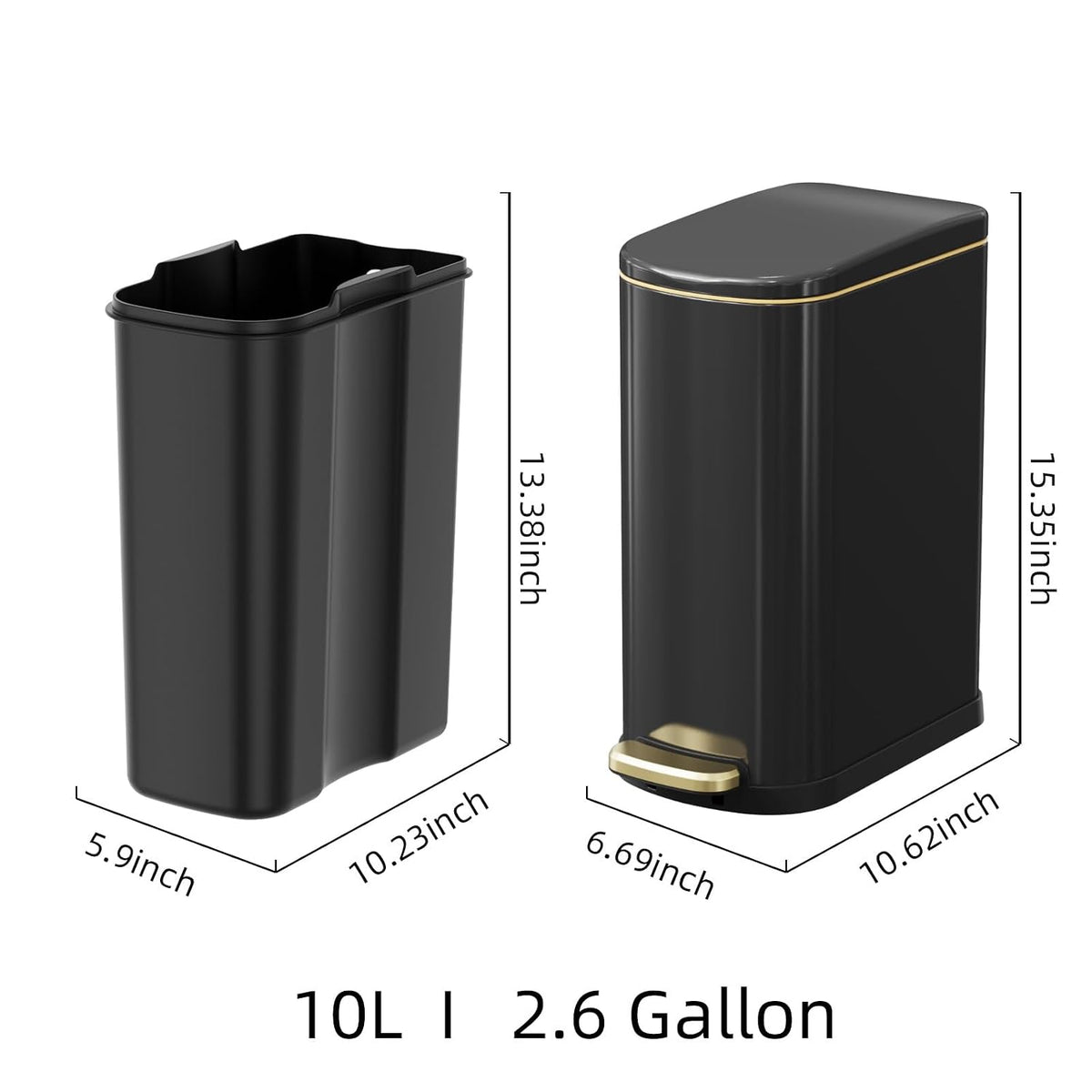 2.6 Gallon Slim Bathroom Trash Can with Soft Close Lid, 10L Stainless Steel Garbage Can with Removable Liner Bucket, for Narrow Spaces,Bathroom, Bedroom (Silver)
