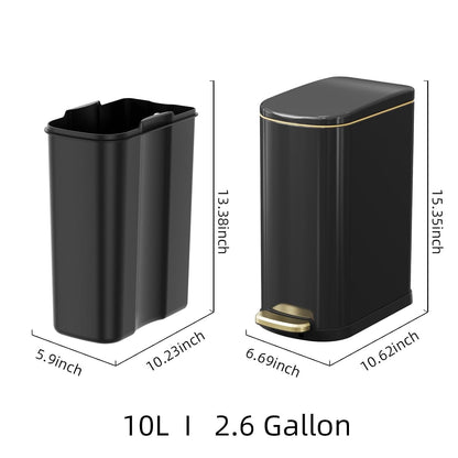 2.6 Gallon Slim Bathroom Trash Can with Soft Close Lid, 10L Stainless Steel Garbage Can with Removable Liner Bucket, for Narrow Spaces,Bathroom, Bedroom (Silver)