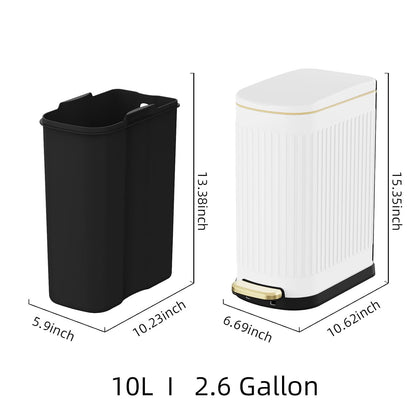 2.6 Gallon Slim Bathroom Trash Can with Soft Close Lid, 10L Stainless Steel Garbage Can with Removable Liner Bucket, for Narrow Spaces,Bathroom, Bedroom (Silver)