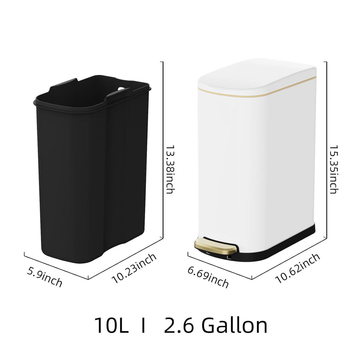2.6 Gallon Slim Bathroom Trash Can with Soft Close Lid, 10L Stainless Steel Garbage Can with Removable Liner Bucket, for Narrow Spaces,Bathroom, Bedroom (Silver)
