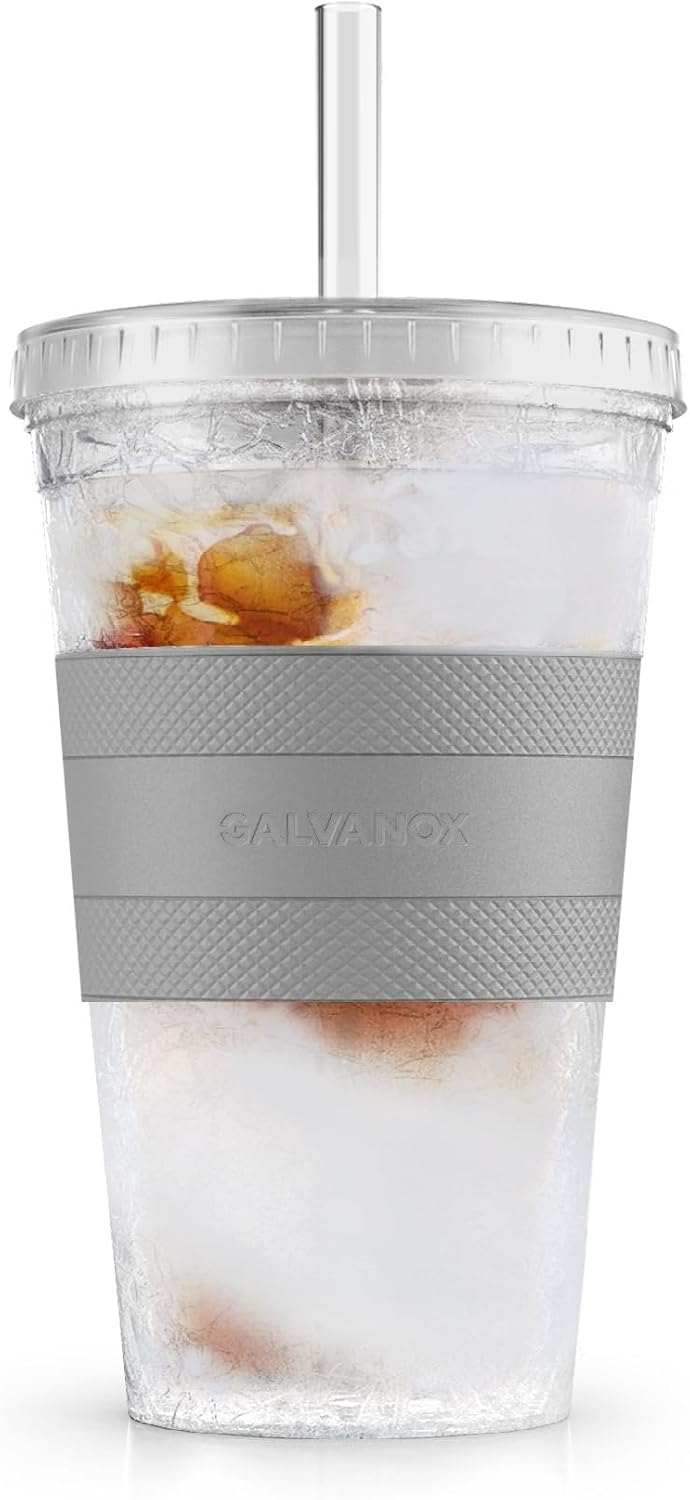 Freezable Iced Coffee Cup with Lid and Straw - Reusable Insulated Ice Tumbler with Grip Sleeve (20oz)