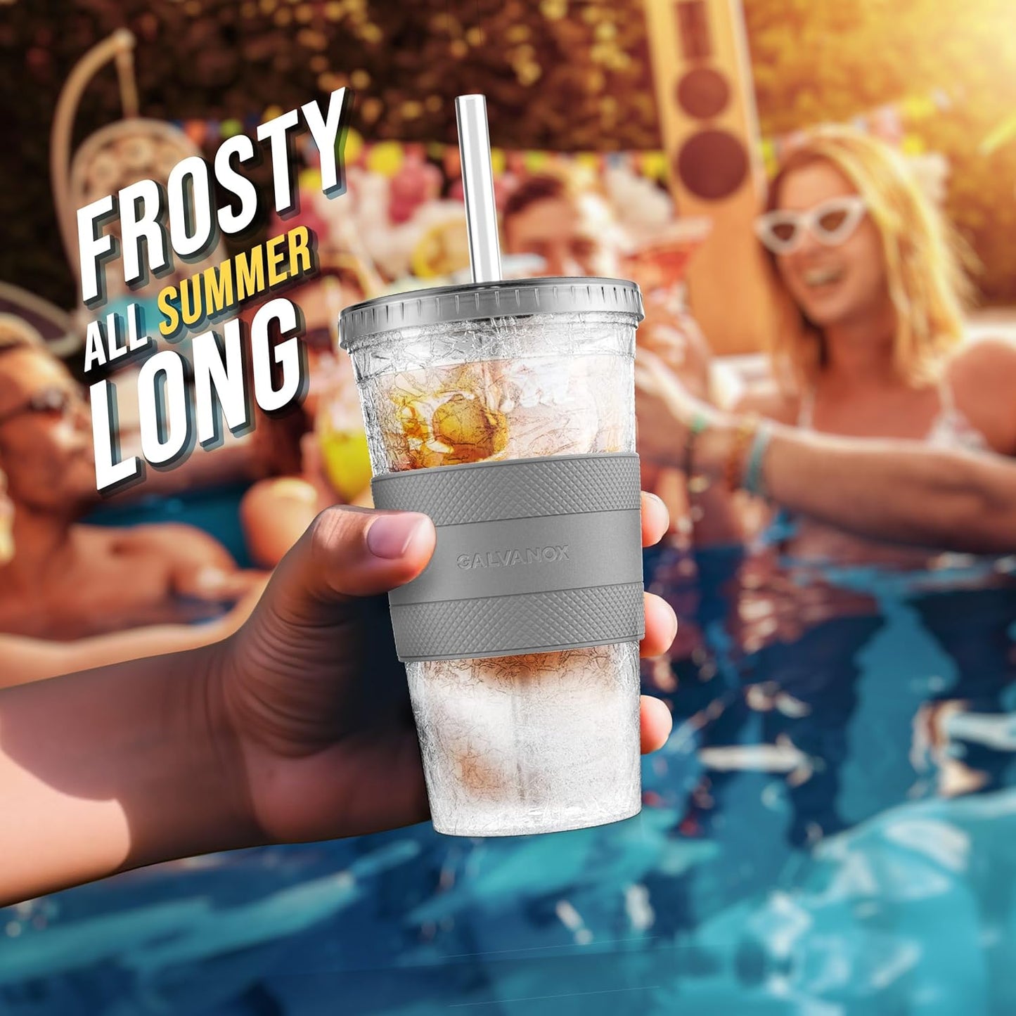 Freezable Iced Coffee Cup with Lid and Straw - Reusable Insulated Ice Tumbler with Grip Sleeve (20oz)