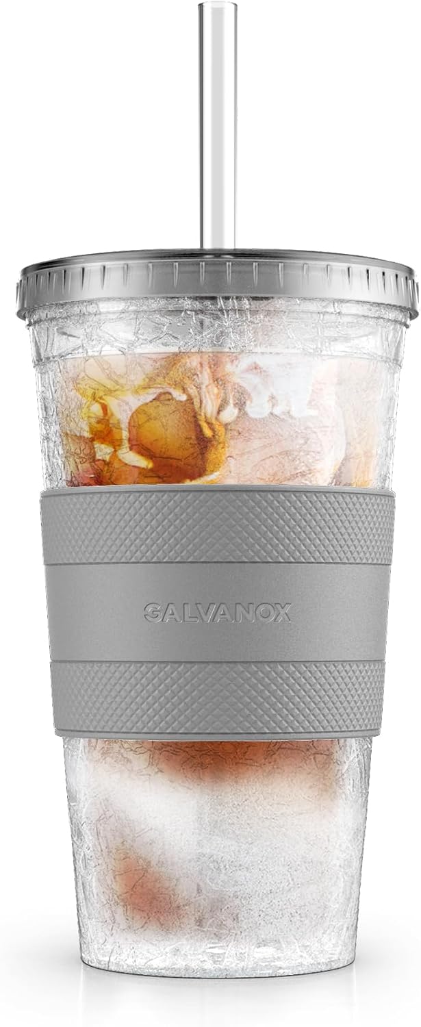 Freezable Iced Coffee Cup with Lid and Straw - Reusable Insulated Ice Tumbler with Grip Sleeve (20oz)
