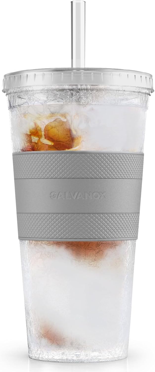 Freezable Iced Coffee Cup with Lid and Straw - Reusable Insulated Ice Tumbler with Grip Sleeve (20oz)