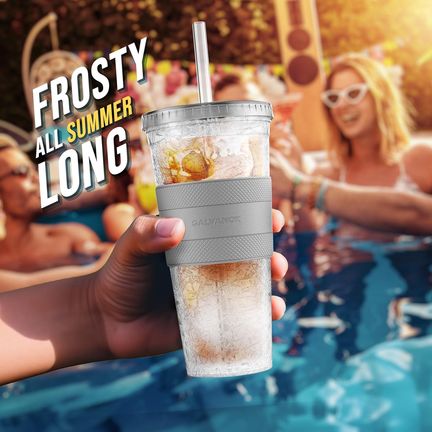 Freezable Iced Coffee Cup with Lid and Straw - Reusable Insulated Ice Tumbler with Grip Sleeve (20oz)