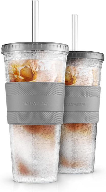 Freezable Iced Coffee Cup with Lid and Straw - Reusable Insulated Ice Tumbler with Grip Sleeve (20oz)