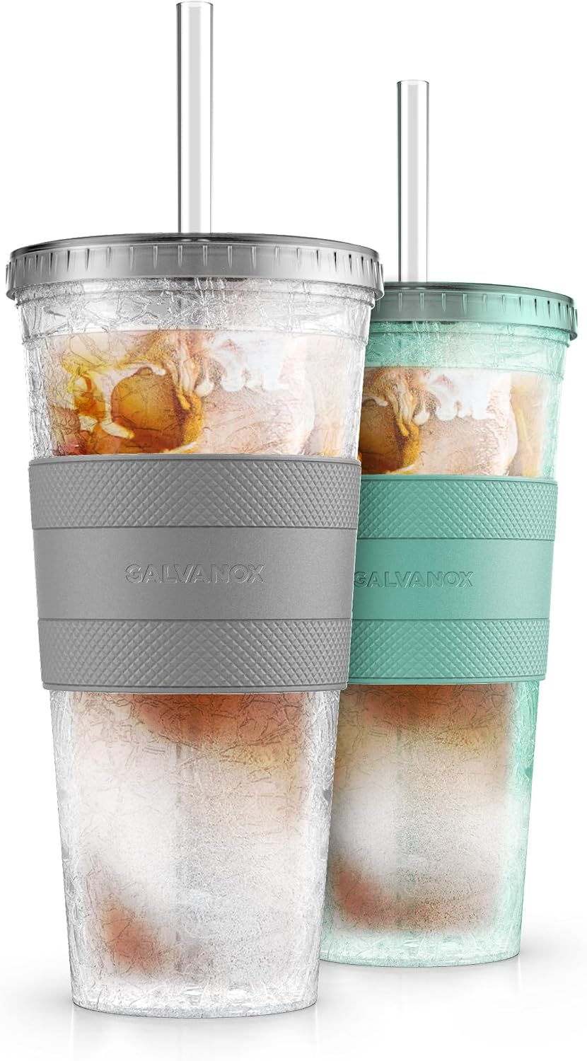 Freezable Iced Coffee Cup with Lid and Straw - Reusable Insulated Ice Tumbler with Grip Sleeve (20oz)