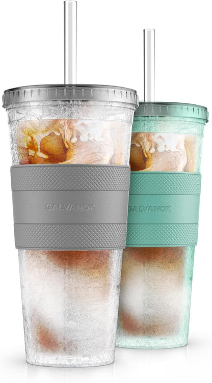 Freezable Iced Coffee Cup with Lid and Straw - Reusable Insulated Ice Tumbler with Grip Sleeve (20oz)