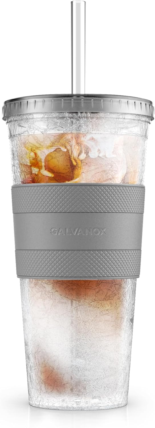 Freezable Iced Coffee Cup with Lid and Straw - Reusable Insulated Ice Tumbler with Grip Sleeve (20oz)