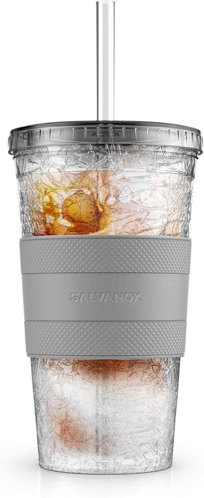 Freezable Iced Coffee Cup with Lid and Straw - Reusable Insulated Ice Tumbler with Grip Sleeve (20oz)