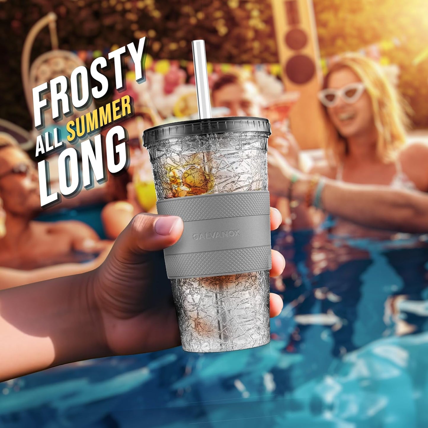 Freezable Iced Coffee Cup with Lid and Straw - Reusable Insulated Ice Tumbler with Grip Sleeve (20oz)
