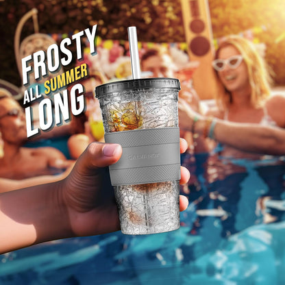 Freezable Iced Coffee Cup with Lid and Straw - Reusable Insulated Ice Tumbler with Grip Sleeve (20oz)