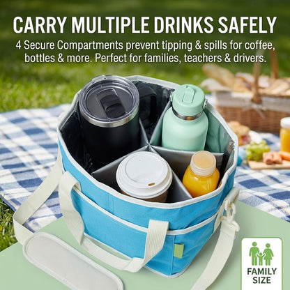 Family Size 4 Compartment Insulated Drink Bag, No-Spill Car Drink Carrier Bag with Adjustable Strap, Multiple Tumbler Carrier Caddy for Iced Coffee, Water Bottles, Teachers (Pink)