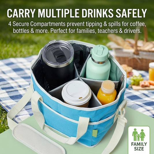 Family Size 4 Compartment Insulated Drink Bag, No-Spill Car Drink Carrier Bag with Adjustable Strap, Multiple Tumbler Carrier Caddy for Iced Coffee, Water Bottles, Teachers (Pink)