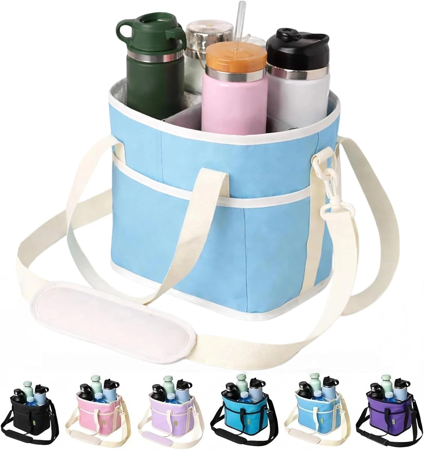 Family Size 4 Compartment Insulated Drink Bag, No-Spill Car Drink Carrier Bag with Adjustable Strap, Multiple Tumbler Carrier Caddy for Iced Coffee, Water Bottles, Teachers (Pink)
