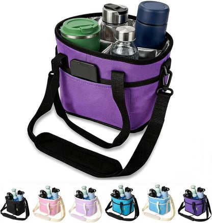 Family Size 4 Compartment Insulated Drink Bag, No-Spill Car Drink Carrier Bag with Adjustable Strap, Multiple Tumbler Carrier Caddy for Iced Coffee, Water Bottles, Teachers (Pink)