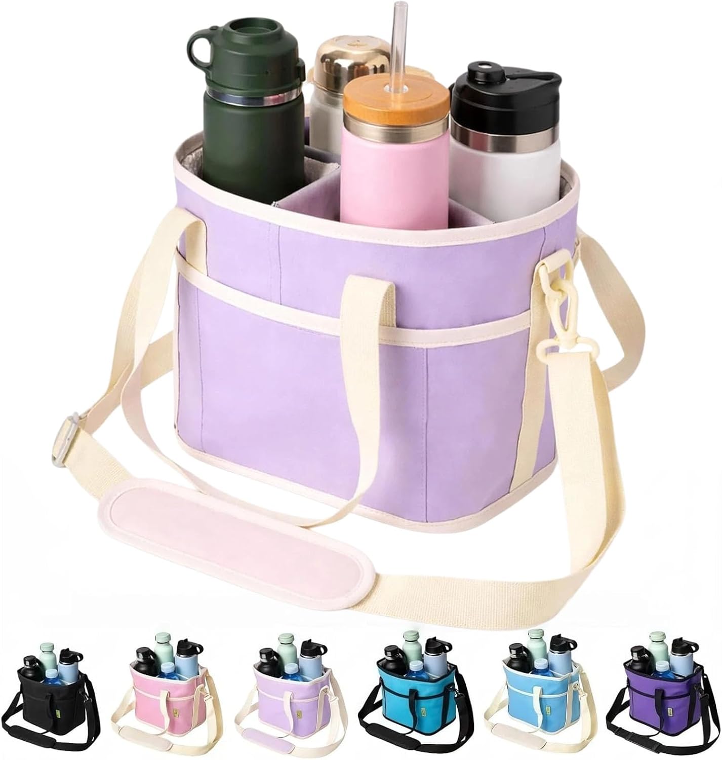 Family Size 4 Compartment Insulated Drink Bag, No-Spill Car Drink Carrier Bag with Adjustable Strap, Multiple Tumbler Carrier Caddy for Iced Coffee, Water Bottles, Teachers (Pink)