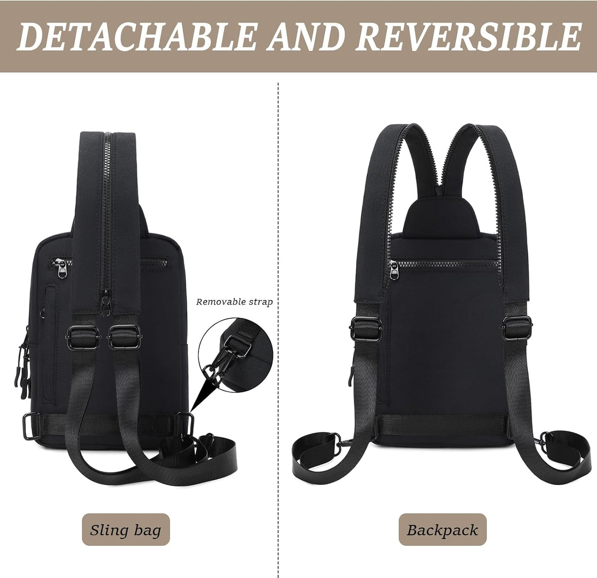 Sling Bag Crossbody Backpack Purse - 2 in 1 Nylon Cross Body Bag Diaper with Wipes Pouch, Water Bottle Pocket