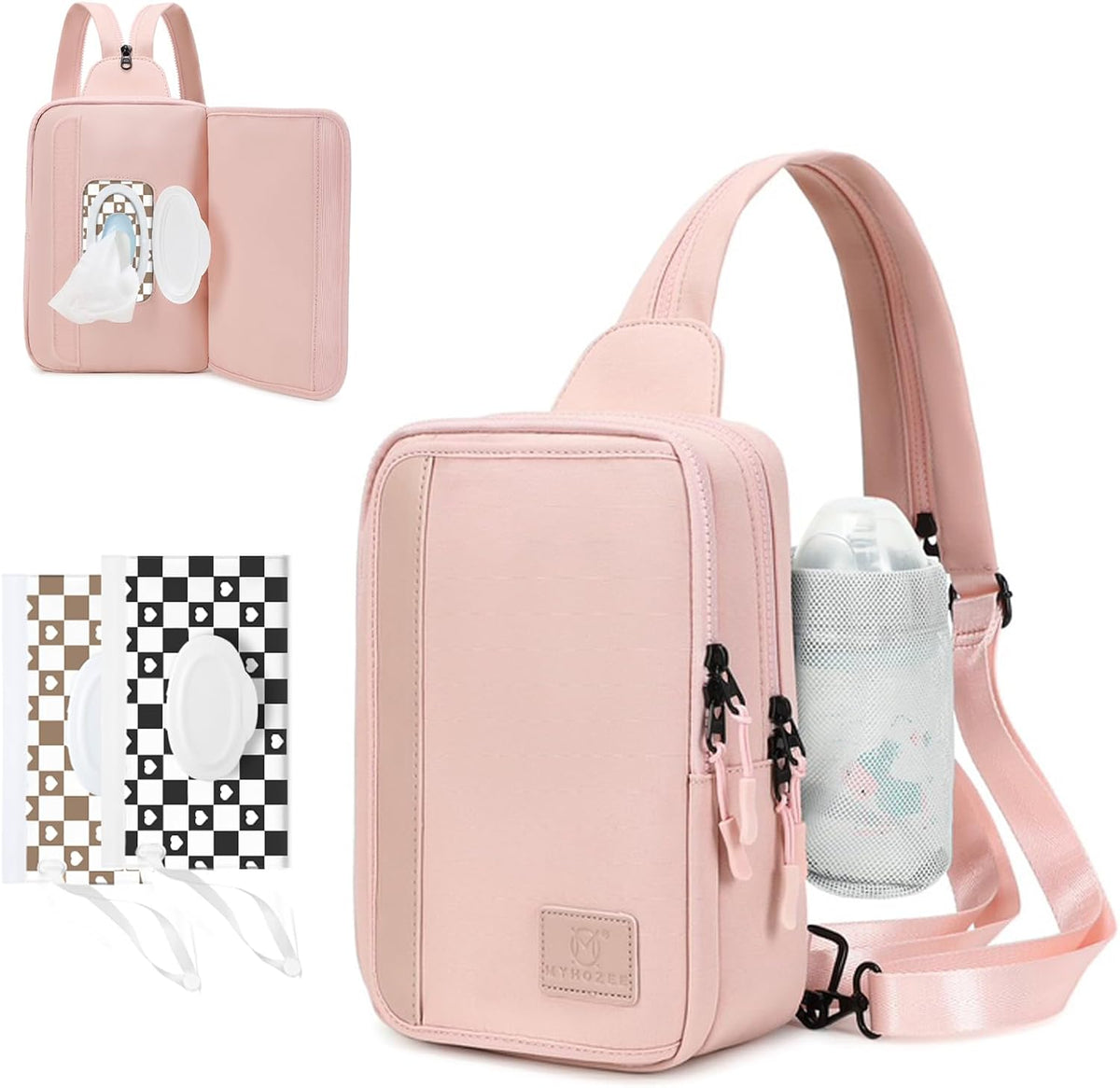 Sling Bag Crossbody Backpack Purse - 2 in 1 Nylon Cross Body Bag Diaper with Wipes Pouch, Water Bottle Pocket