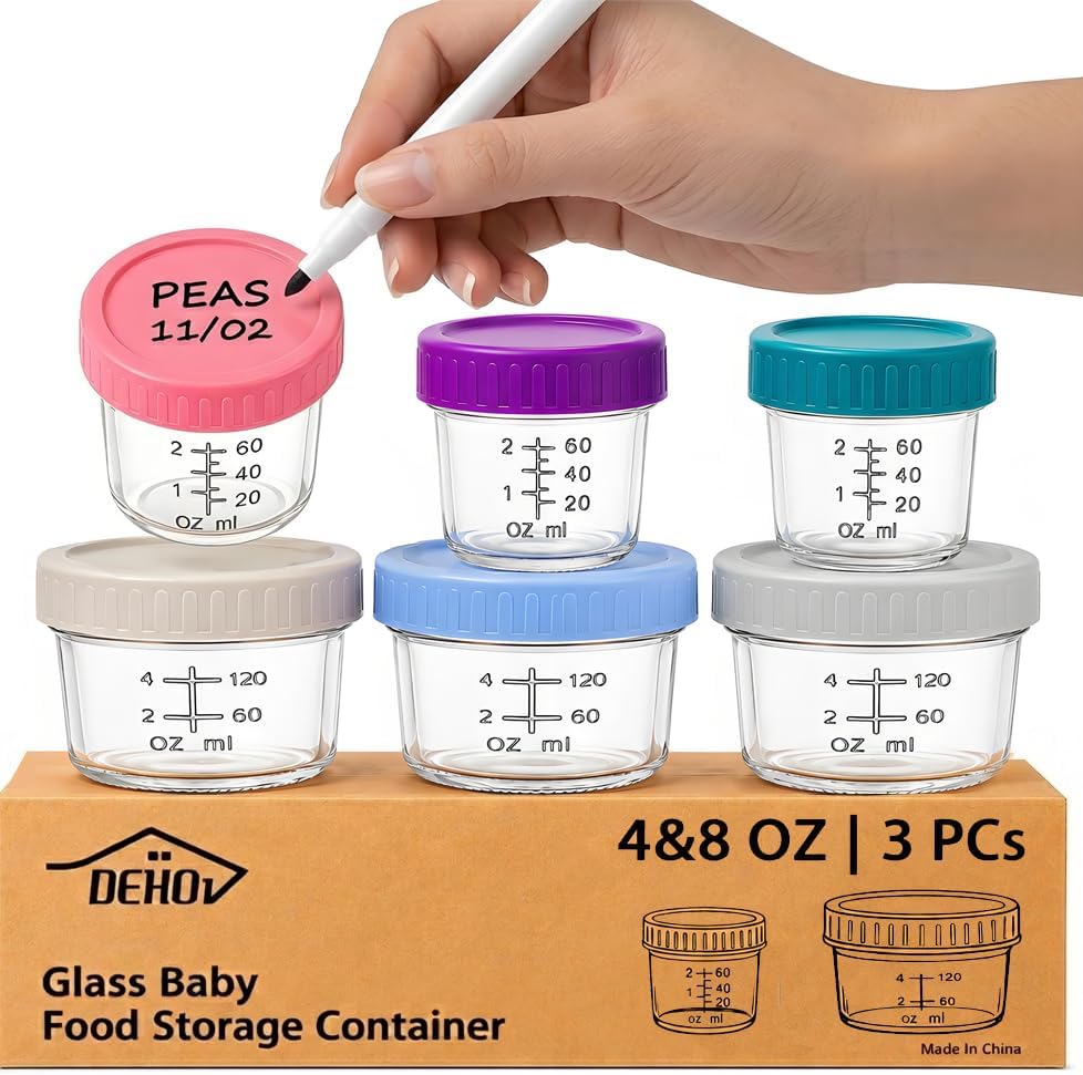Dehov 6-Piece Glass Baby Food Containers With Lids,4 OZ Small Glass Freezer Safe Baby Food Storage Jars,Leak Proof Baby Food Grade Puree Containers