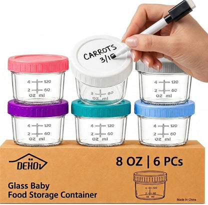 Dehov 6-Piece Glass Baby Food Containers With Lids,4 OZ Small Glass Freezer Safe Baby Food Storage Jars,Leak Proof Baby Food Grade Puree Containers