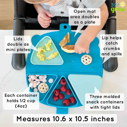 Silicone On-The-Go Snack Mat – Foldable Reusable Placemat with 3 Compartments and Lids – Travel-Friendly Baby and Toddler Snack Plate – Dishwasher Safe (Aqua)