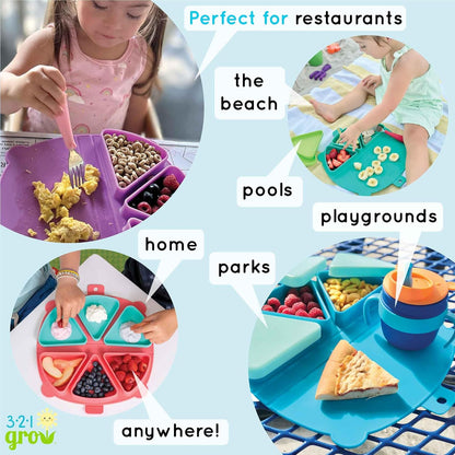 Silicone On-The-Go Snack Mat – Foldable Reusable Placemat with 3 Compartments and Lids – Travel-Friendly Baby and Toddler Snack Plate – Dishwasher Safe (Aqua)