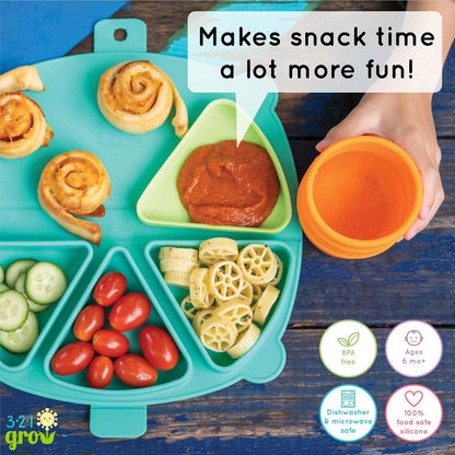 Silicone On-The-Go Snack Mat – Foldable Reusable Placemat with 3 Compartments and Lids – Travel-Friendly Baby and Toddler Snack Plate – Dishwasher Safe (Aqua)