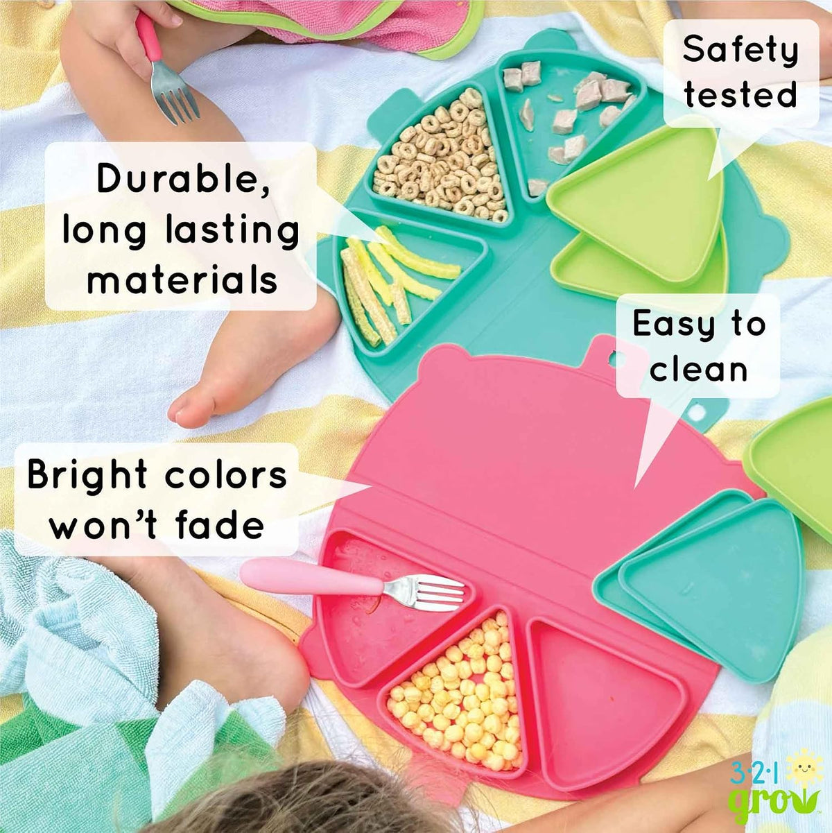 Silicone On-The-Go Snack Mat – Foldable Reusable Placemat with 3 Compartments and Lids – Travel-Friendly Baby and Toddler Snack Plate – Dishwasher Safe (Aqua)