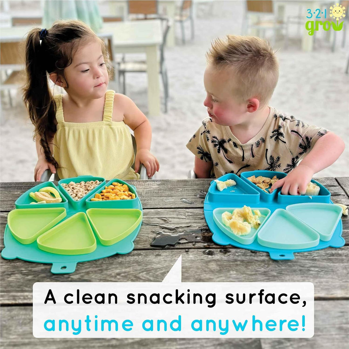 Silicone On-The-Go Snack Mat – Foldable Reusable Placemat with 3 Compartments and Lids – Travel-Friendly Baby and Toddler Snack Plate – Dishwasher Safe (Aqua)