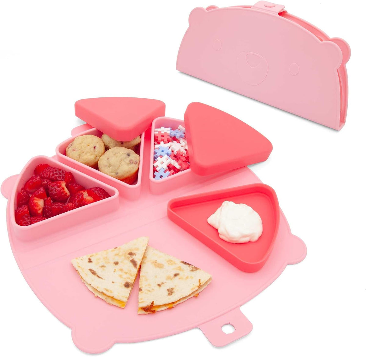 Silicone On-The-Go Snack Mat – Foldable Reusable Placemat with 3 Compartments and Lids – Travel-Friendly Baby and Toddler Snack Plate – Dishwasher Safe (Aqua)
