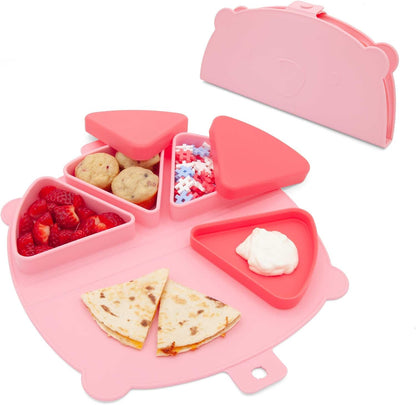 Silicone On-The-Go Snack Mat – Foldable Reusable Placemat with 3 Compartments and Lids – Travel-Friendly Baby and Toddler Snack Plate – Dishwasher Safe (Aqua)