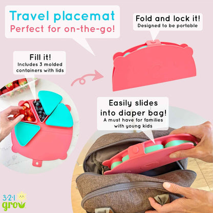 Silicone On-The-Go Snack Mat – Foldable Reusable Placemat with 3 Compartments and Lids – Travel-Friendly Baby and Toddler Snack Plate – Dishwasher Safe (Aqua)