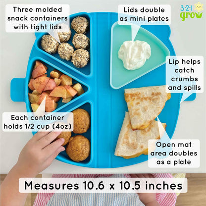 Silicone On-The-Go Snack Mat – Foldable Reusable Placemat with 3 Compartments and Lids – Travel-Friendly Baby and Toddler Snack Plate – Dishwasher Safe (Aqua)
