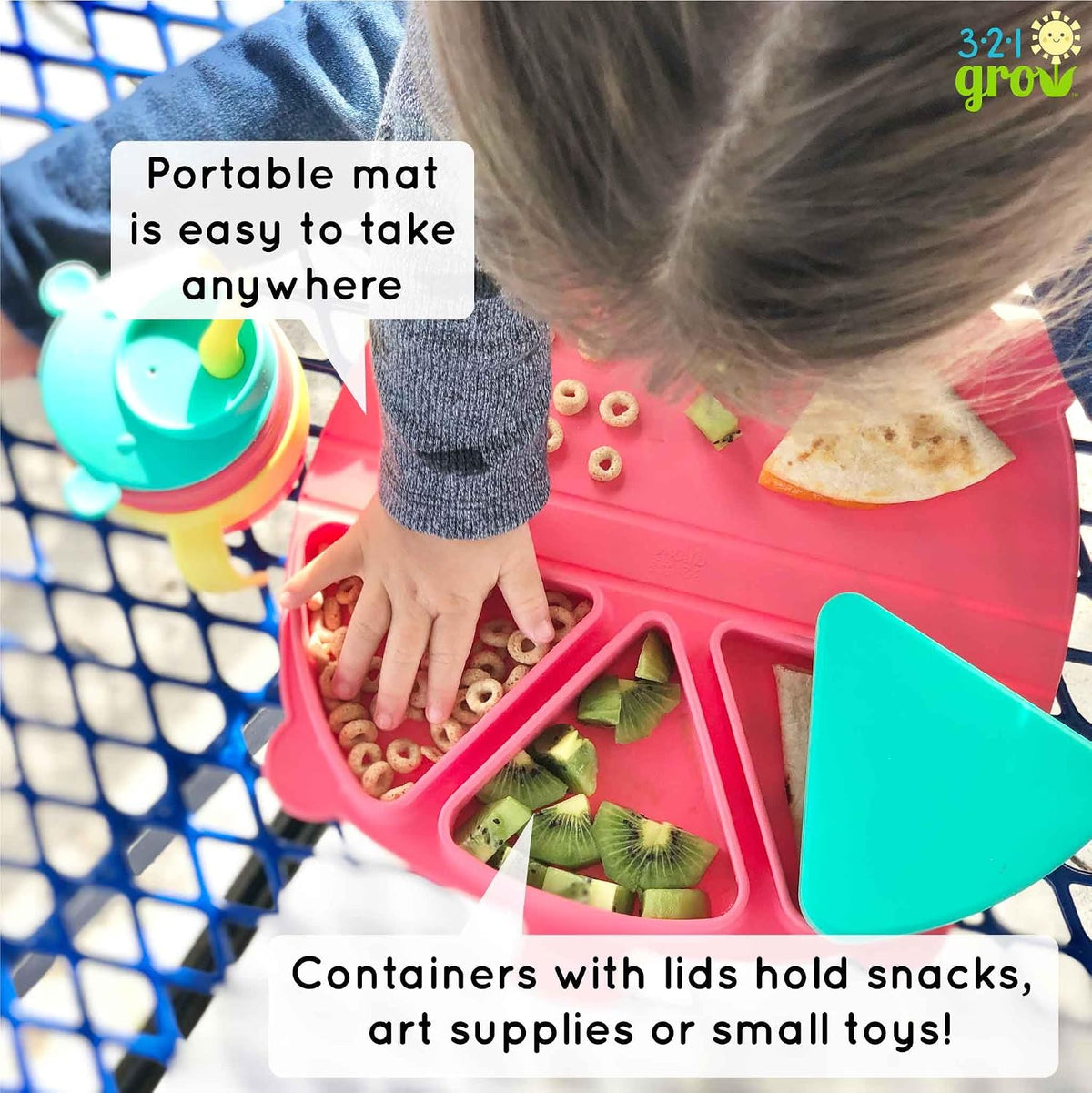 Silicone On-The-Go Snack Mat – Foldable Reusable Placemat with 3 Compartments and Lids – Travel-Friendly Baby and Toddler Snack Plate – Dishwasher Safe (Aqua)