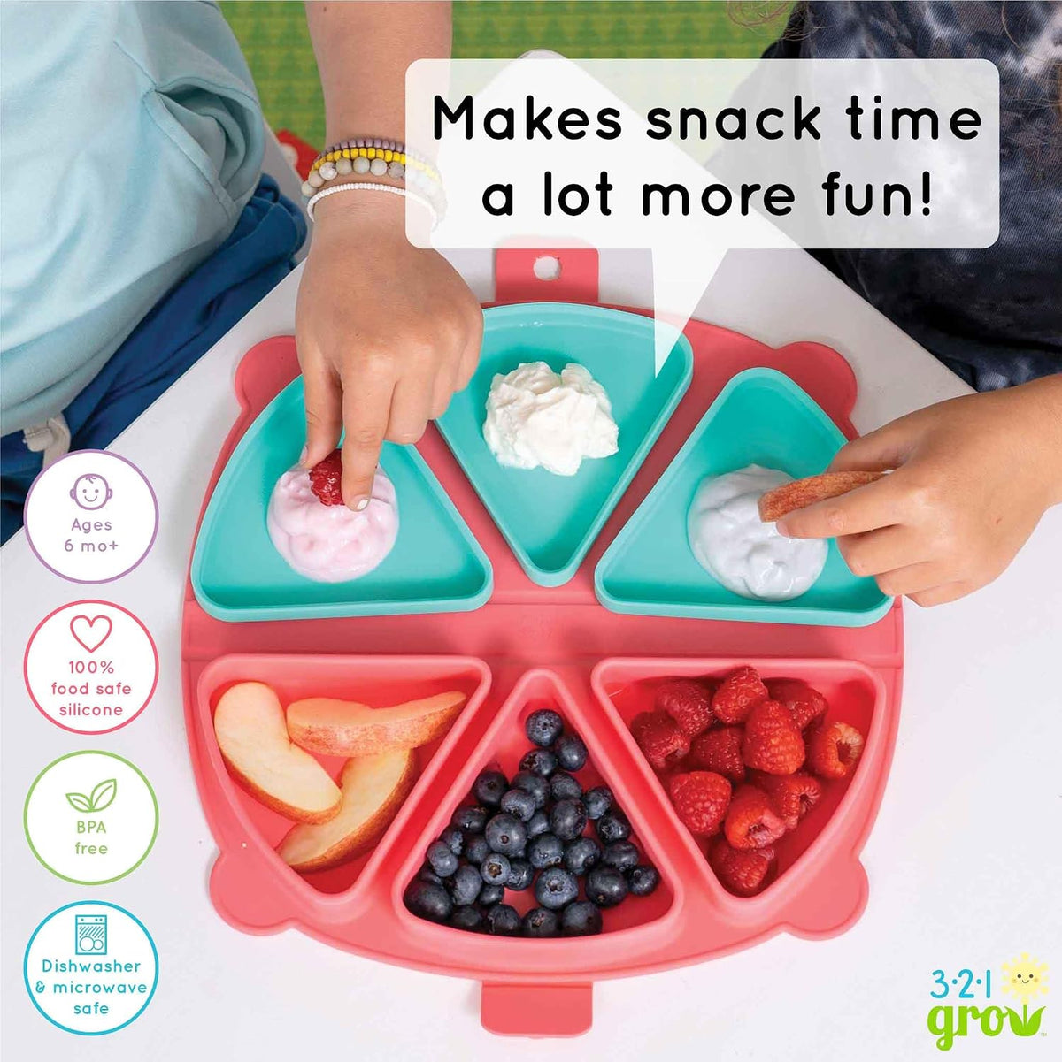 Silicone On-The-Go Snack Mat – Foldable Reusable Placemat with 3 Compartments and Lids – Travel-Friendly Baby and Toddler Snack Plate – Dishwasher Safe (Aqua)