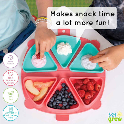 Silicone On-The-Go Snack Mat – Foldable Reusable Placemat with 3 Compartments and Lids – Travel-Friendly Baby and Toddler Snack Plate – Dishwasher Safe (Aqua)