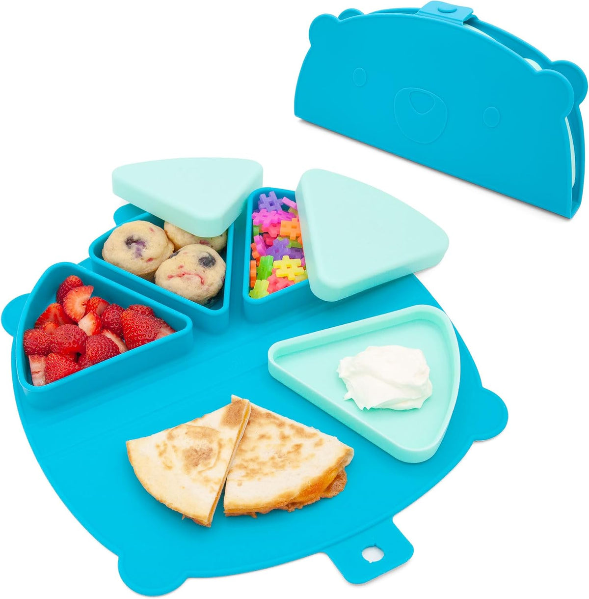 Silicone On-The-Go Snack Mat – Foldable Reusable Placemat with 3 Compartments and Lids – Travel-Friendly Baby and Toddler Snack Plate – Dishwasher Safe (Aqua)